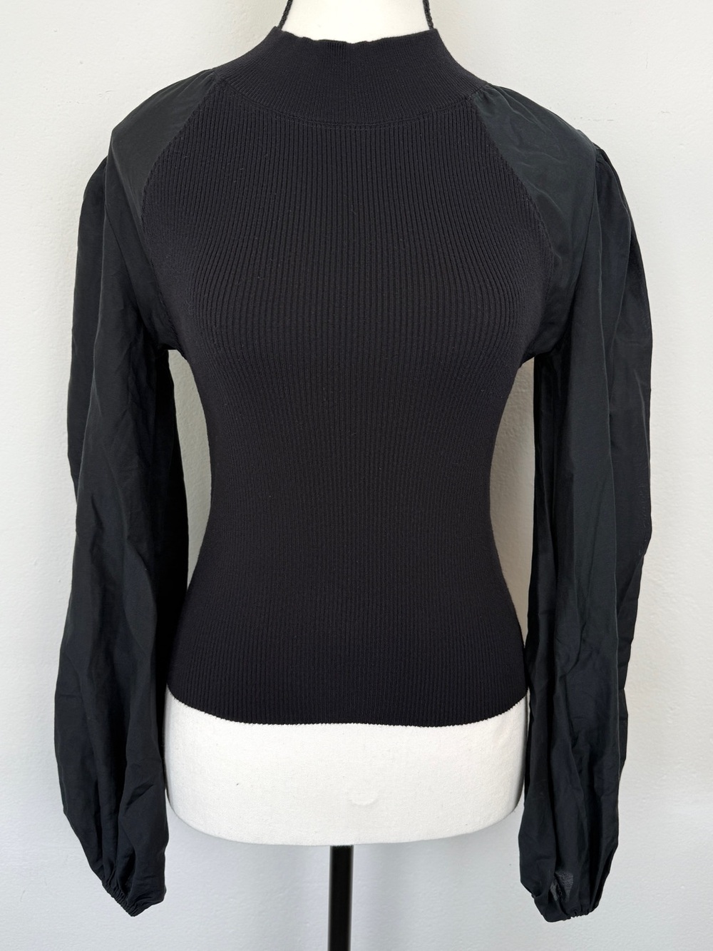 AllSaints Size US 4 Cleo Balloon Sleeve Mixed Media Rib Knit Black Blouse Top